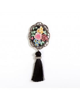 Multi Color Flower Patterned Cross Stitch Pin with black tassel